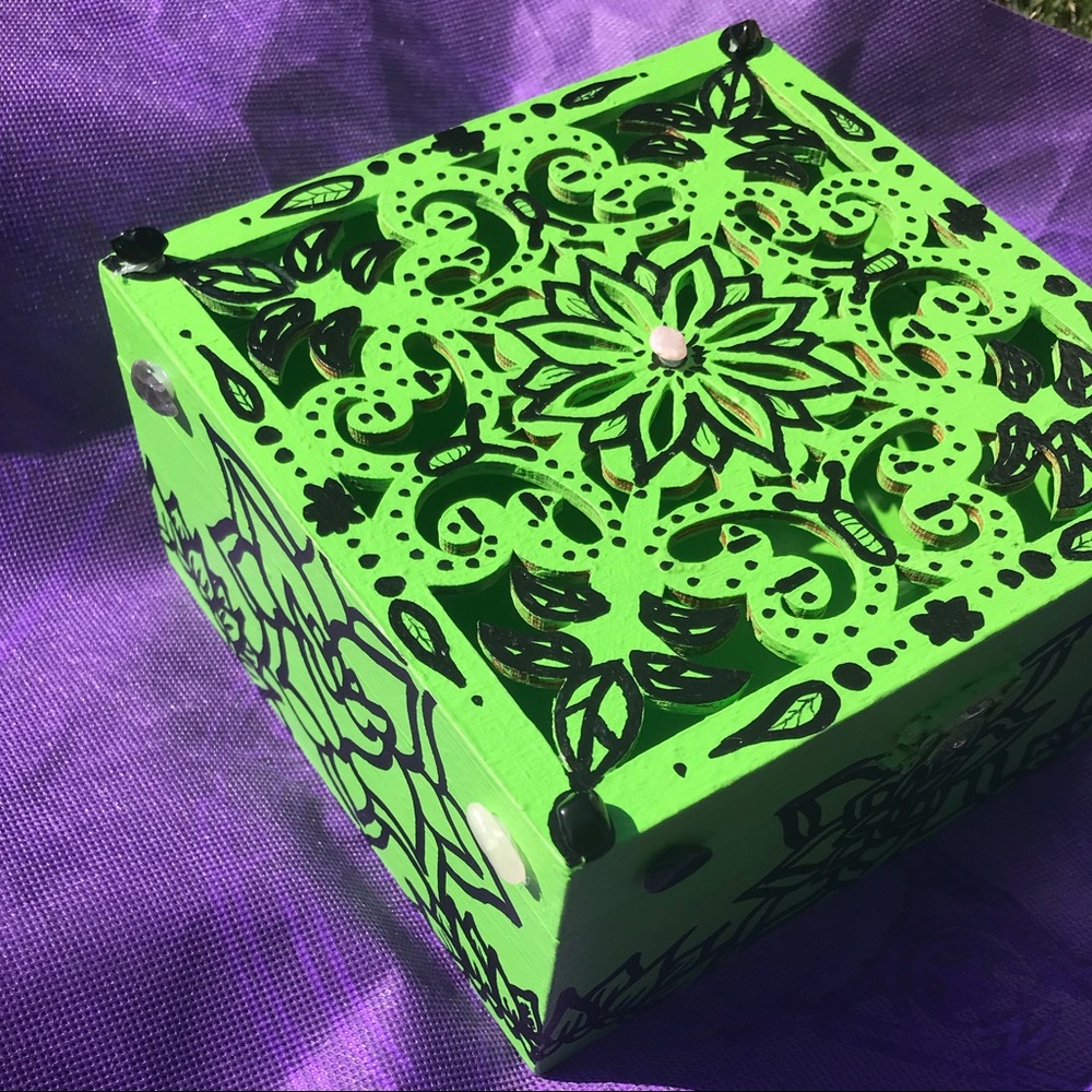 Upcycled wooden hand painted box crystals glued